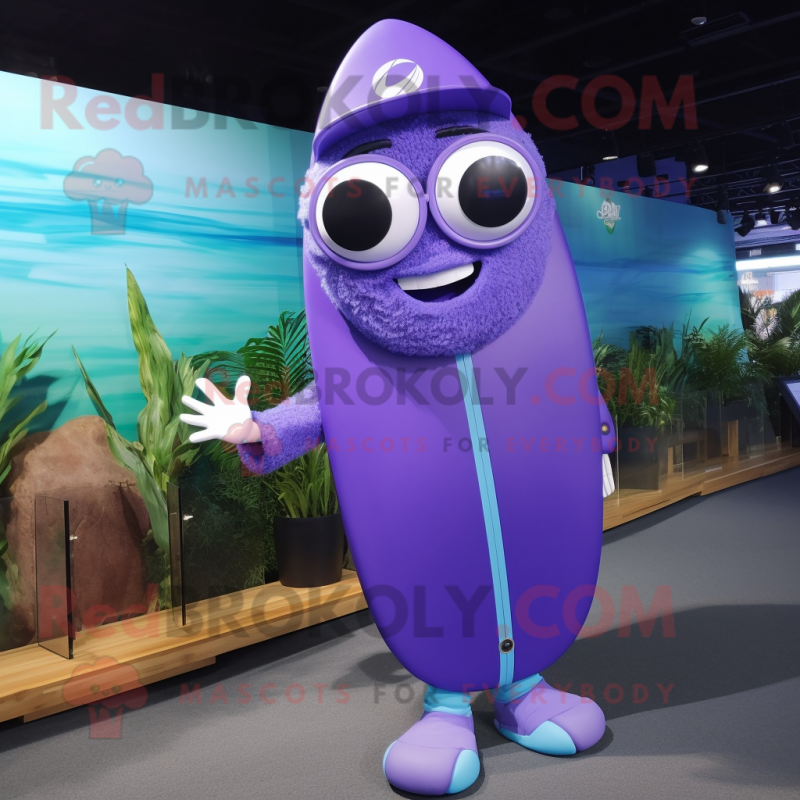 Purple Surfboard mascot costume character dressed with a Jumpsuit and Eyeglasses Purple Surfboard mascot costume character dressed with a Jumpsuit and Eyeglasses