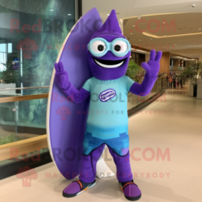 Purple Surfboard mascot costume character dressed with a Jumpsuit and Eyeglasses