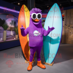 Purple Surfboard mascot costume character dressed with a Jumpsuit and Eyeglasses