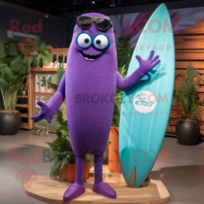 Purple Surfboard mascot costume character dressed with a Jumpsuit and Eyeglasses