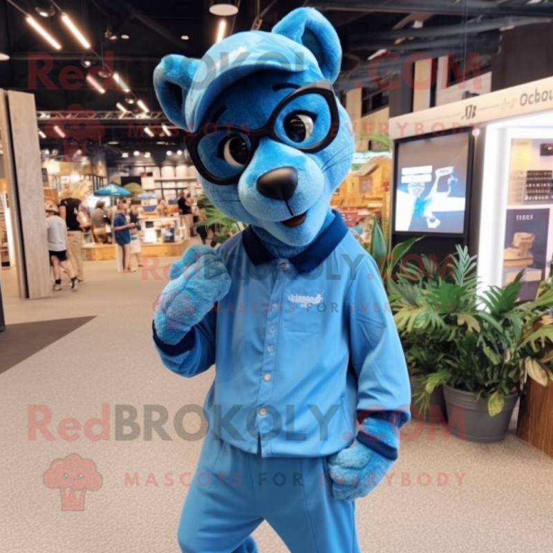 Blue Thylacosmilus mascot costume character dressed with a Romper and Eyeglasses Blue Thylacosmilus mascot costume character dressed with a Romper and Eyeglasses