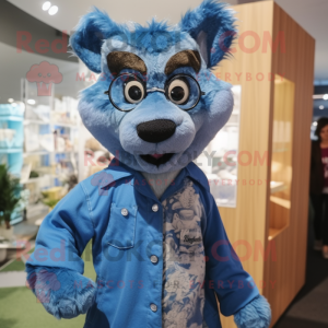 Blue Thylacosmilus mascot costume character dressed with a Romper and Eyeglasses