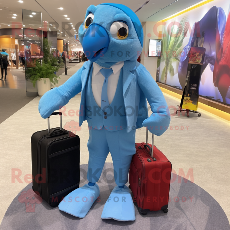 Sky Blue Parrot mascot costume character dressed with a Dress Pants and Backpacks