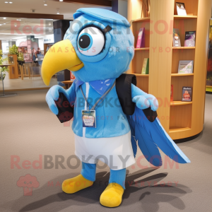 Sky Blue Parrot mascot costume character dressed with a Dress Pants and Backpacks