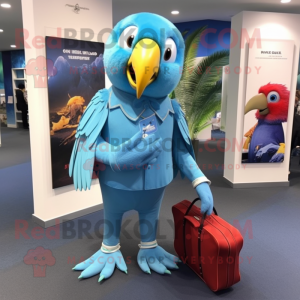 Sky Blue Parrot mascot costume character dressed with a Dress Pants and Backpacks