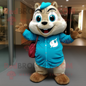 Turquoise Chipmunk mascot costume character dressed with a Oxford Shirt and Tote bags