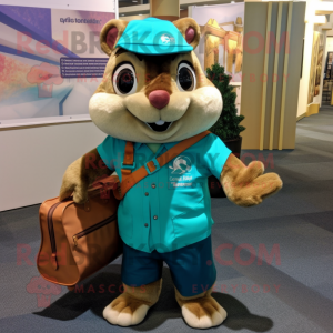 Turquoise Chipmunk mascot costume character dressed with a Oxford Shirt and Tote bags