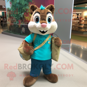Turquoise Chipmunk mascot costume character dressed with a Oxford Shirt and Tote bags