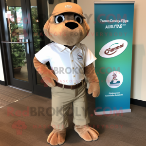 Tan Salmon mascot costume character dressed with a Polo Shirt and Earrings