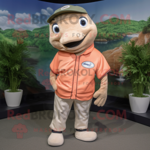 Tan Salmon mascot costume character dressed with a Polo Shirt and Earrings