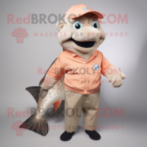 Tan Salmon mascot costume character dressed with a Polo Shirt and Earrings