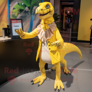 Yellow Velociraptor mascot costume character dressed with a A-Line Dress and Wallets