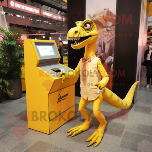 Yellow Velociraptor mascot costume character dressed with a A-Line Dress and Wallets