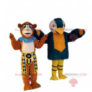 Duo de mascotte de lion et d'aigle en tenue amérindienne. -