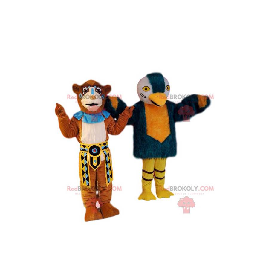 Duet maskotek lwa i orła w stroju rdzennych Amerykanów. -