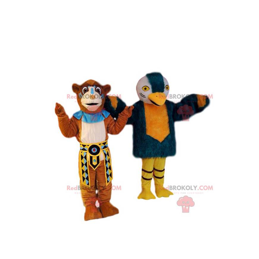 Lion and eagle mascot duo in Native American attire. -