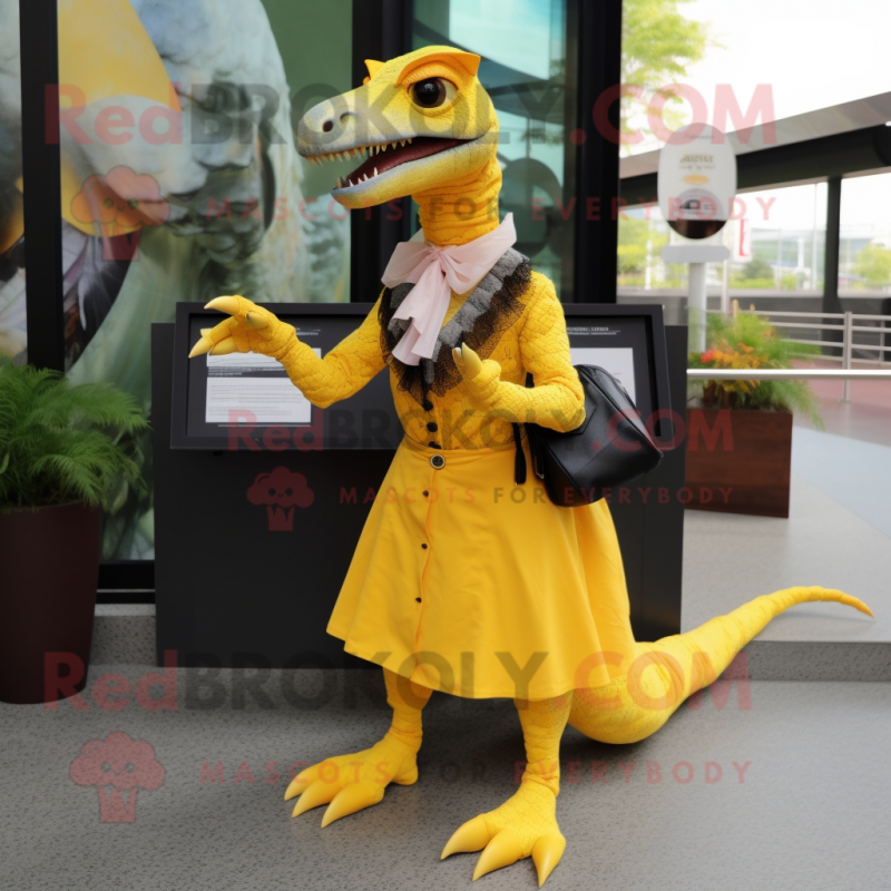 Yellow Velociraptor mascot costume character dressed with a A-Line Dress and Wallets Yellow Velociraptor mascot costume character dressed with a A-Line Dress and Wallets