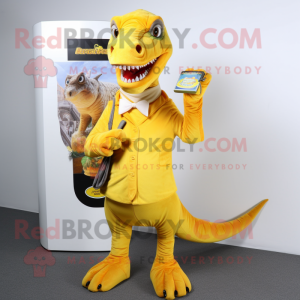 Yellow Velociraptor mascot costume character dressed with a A-Line Dress and Wallets