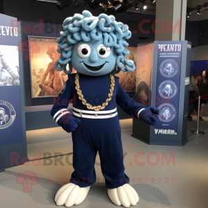 Navy Medusa mascot costume character dressed with a Romper and Bracelets