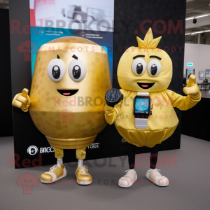 Gold Grenade mascot costume character dressed with a Dress Shirt and Smartwatches