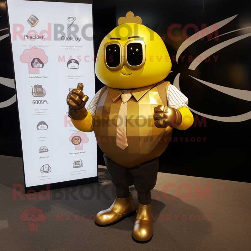 Gold Grenade mascot costume character dressed with a Dress Shirt and Smartwatches