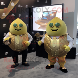 Gold Grenade mascot costume character dressed with a Dress Shirt and Smartwatches