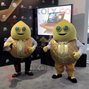 Gold Grenade mascot costume character dressed with a Dress Shirt and Smartwatches