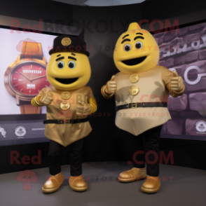 Gold Grenade mascot costume character dressed with a Dress Shirt and Smartwatches