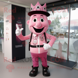 Pink King mascot costume character dressed with a Oxford Shirt and Suspenders