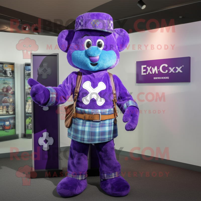 Purple Celtic Cross mascot costume character dressed with a Mom Jeans and Lapel pins Purple Celtic Cross mascot costume character dressed with a Mom Jeans and Lapel pins