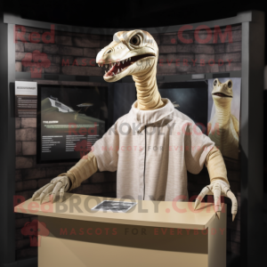 Cream Coelophysis mascot costume character dressed with a Cover-up and Headbands