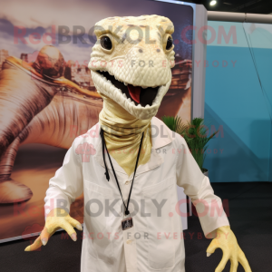 Cream Coelophysis mascot costume character dressed with a Cover-up and Headbands
