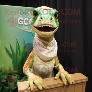 Cream Coelophysis mascot costume character dressed with a Cover-up and Headbands