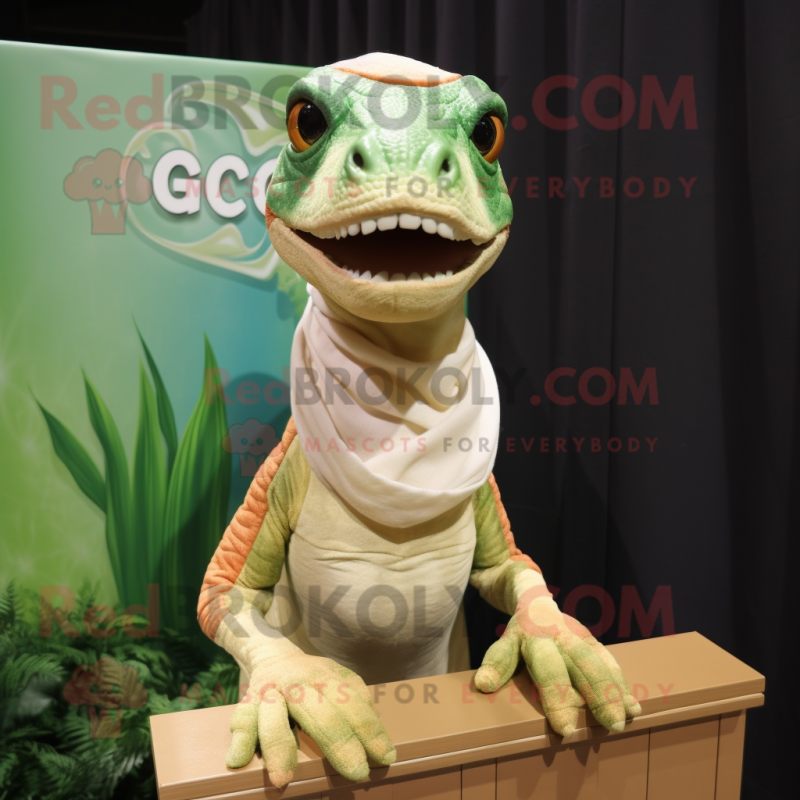 Cream Coelophysis mascot costume character dressed with a Cover-up and Headbands Cream Coelophysis mascot costume character dressed with a Cover-up and Headbands