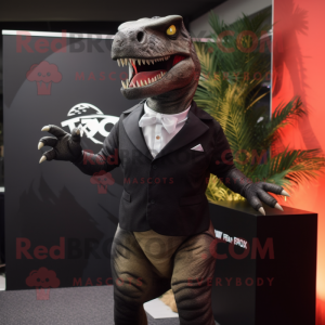 Black T Rex mascot costume character dressed with a Blazer and Pocket squares