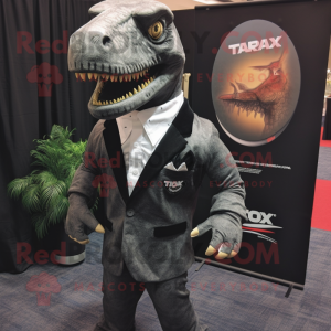Black T Rex mascot costume character dressed with a Blazer and Pocket squares