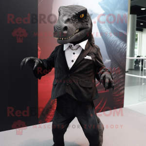 Black T Rex mascot costume character dressed with a Blazer and Pocket squares