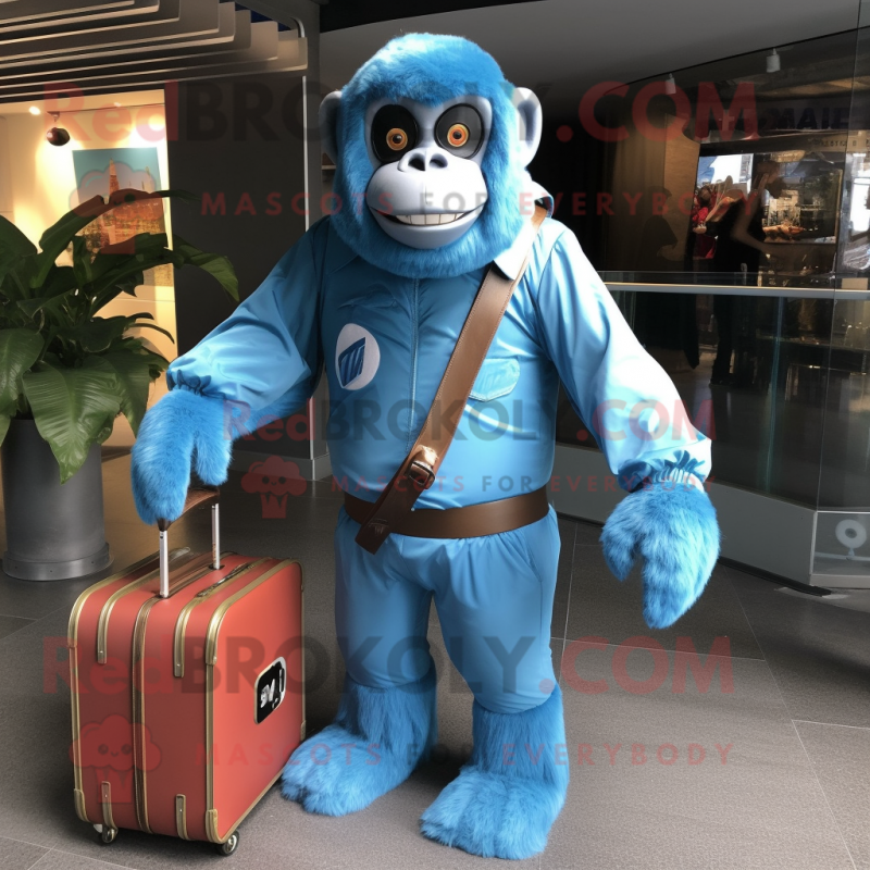Blue Orangutan mascot costume character dressed with a Bomber Jacket and Briefcases Blue Orangutan mascot costume character dressed with a Bomber Jacket and Briefcases