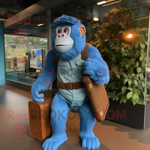 Blue Orangutan mascot costume character dressed with a Bomber Jacket and Briefcases