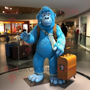 Blue Orangutan mascot costume character dressed with a Bomber Jacket and Briefcases