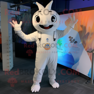 White Ray mascot costume character dressed with a Romper and Suspenders