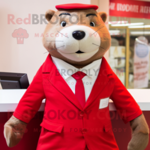 Red Otter mascot costume character dressed with a Skirt and Tie pins