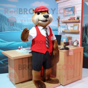 Red Otter mascot costume character dressed with a Skirt and Tie pins