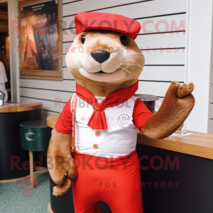 Red Otter mascot costume character dressed with a Skirt and Tie pins