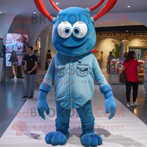 Sky Blue Lobster Bisque mascot costume character dressed with a Denim Shirt and Necklaces