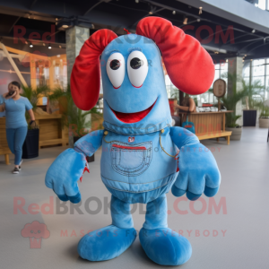 Sky Blue Lobster Bisque mascot costume character dressed with a Denim Shirt and Necklaces