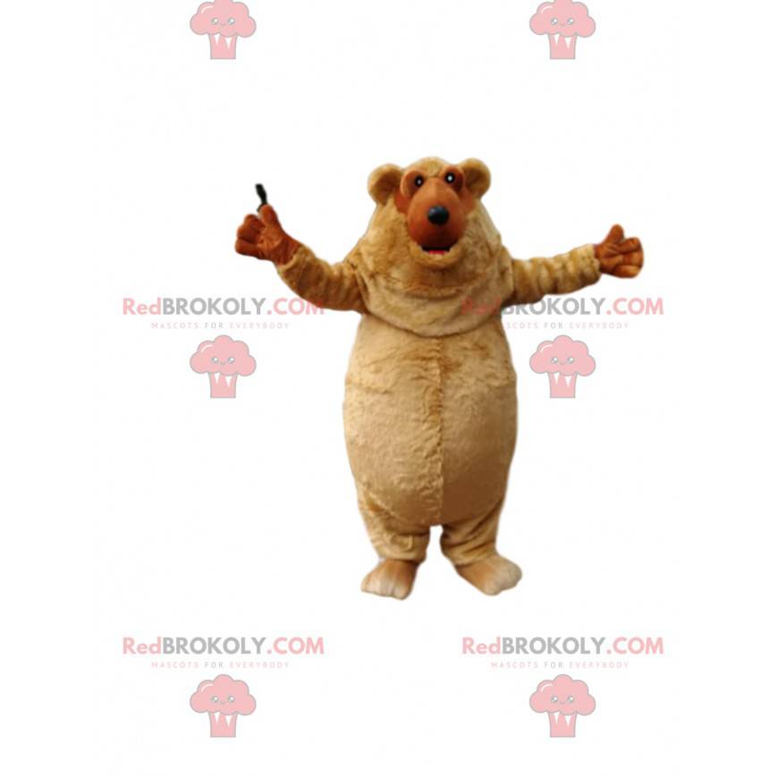 Mascotte dell'orso bruno grassoccio poco molto felice. -