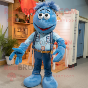 Sky Blue Lobster Bisque mascot costume character dressed with a Denim Shirt and Necklaces