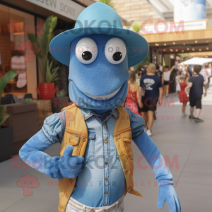 Sky Blue Lobster Bisque mascot costume character dressed with a Denim Shirt and Necklaces