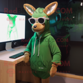 Green Roe Deer mascot costume character dressed with a Hoodie and Eyeglasses